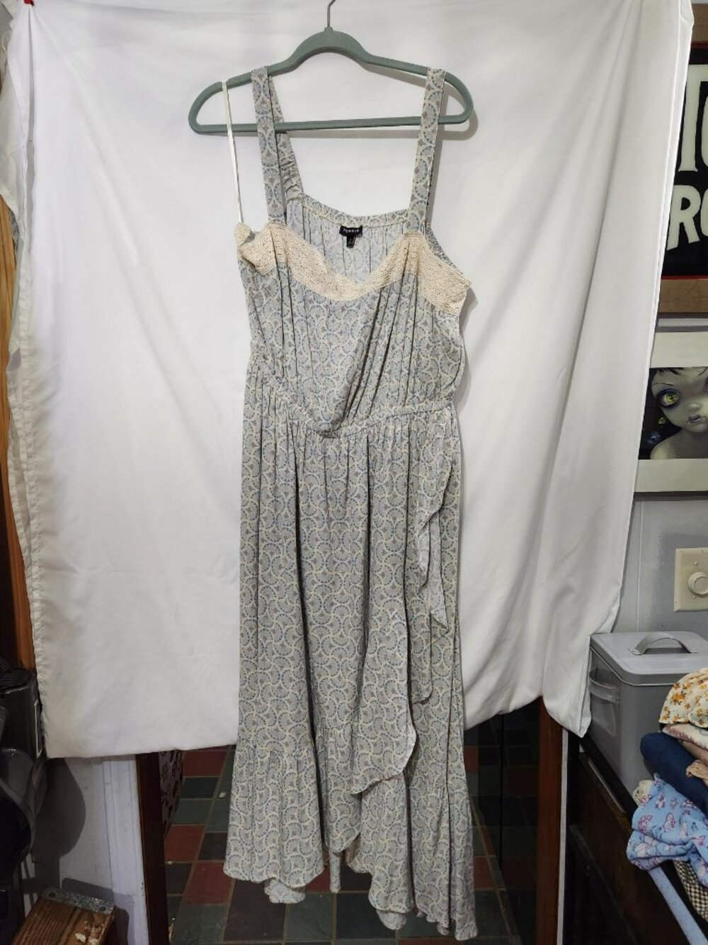 Torrid Surplice Ruffle Maxi Dress Size 2 Blue White Boho Cottagecore